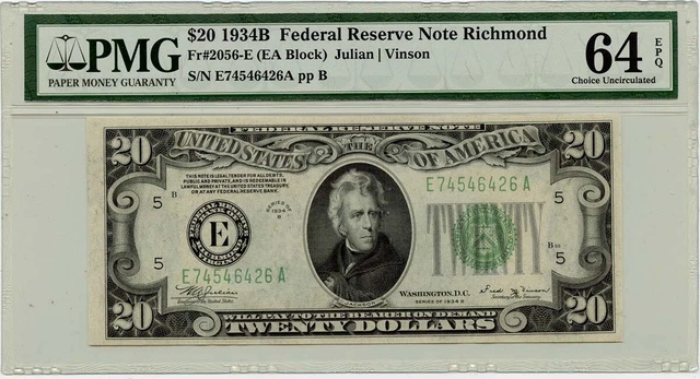 1934B $20 Federal Reserve Note Richmond FR#2056E PMG CU64 EPQ