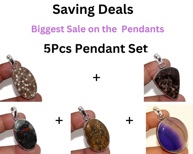 Ocean Stick Agate Bloodstone Jasper 5Pcs Pendant Combo Set 2-1.8-2-2-2" JW