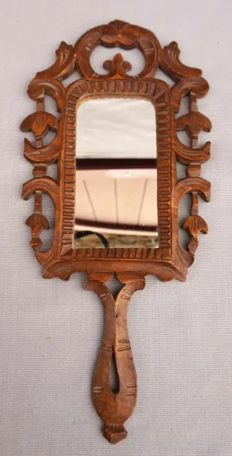 French Black Forest Cut Carved Wood Hand Mirror Dressing Vanity Table 1900