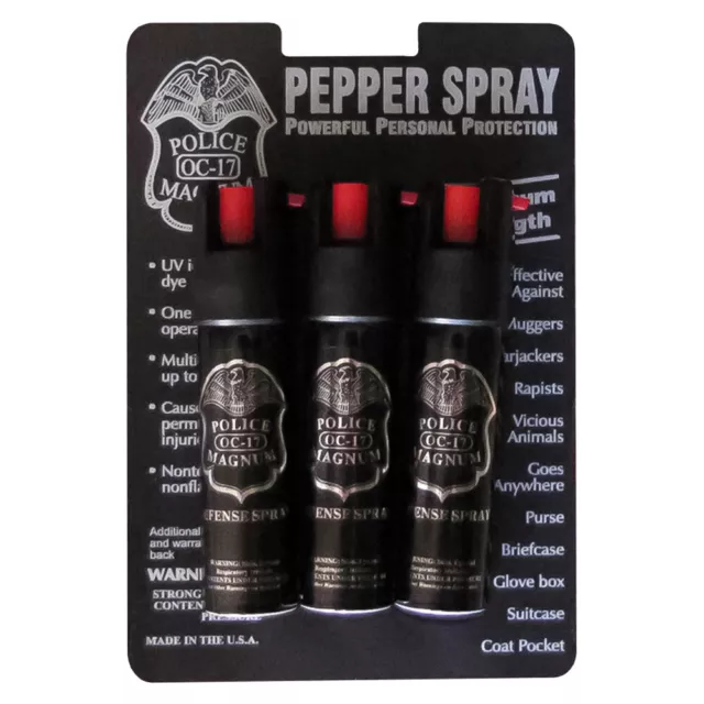 3 Pack POLICE Magnum PEPPER Spray 3/4oz Safety Lock UV Dye Self Defense OC-17
