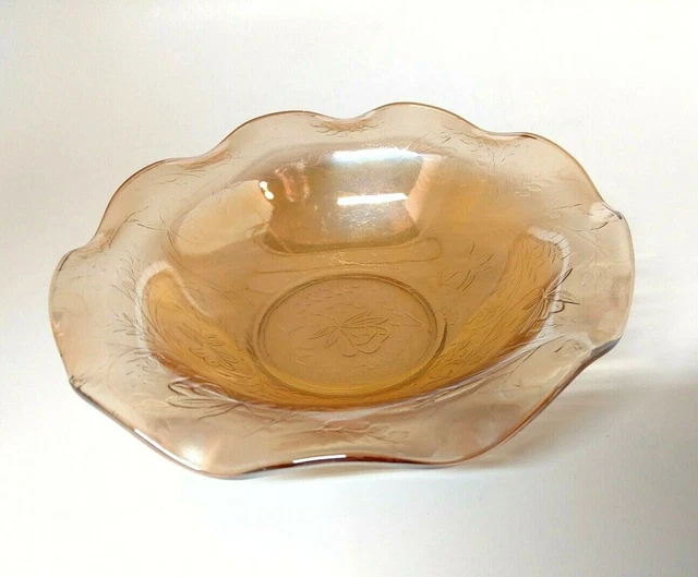 Amber Carnival Glass Serving Bowl Ruffled Edge Floral Design 9.75"W x 2.5"H