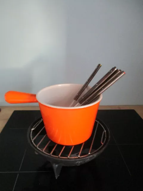 Le Creuset Service à fondue en Fonte Émaillé Orange + 6 pics le creuset Vintage