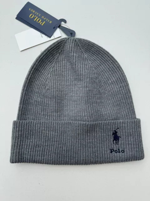 BNWT Polo Ralph Lauren Grey W/ Navy Pony - Merino Wool Beanie Knitted Hat