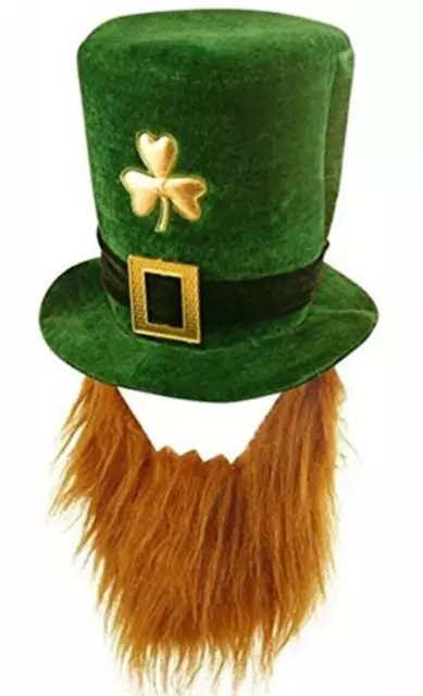 St Patricks Day Irish Leprechaun Shamrock Green Hat with Ginger Beard Costume
