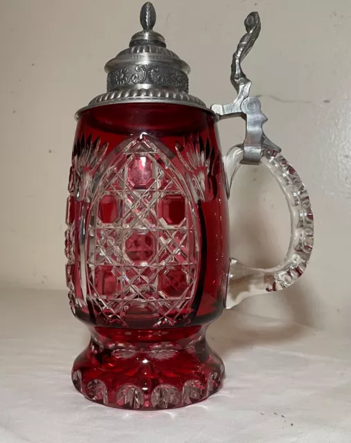 tall vintage hand cut to clear ruby red glass pewter Czech lidded beer stein mug