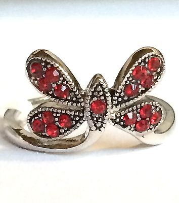 Silver Red Crystal Butterfly Ring Size 6 7 8 9 Insect Bug Rhodium Plated USA