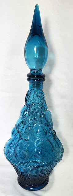 Vintage Empoli Blue Fruit Basket Italian Genie Bottle Decanter Flame Stopper 16”