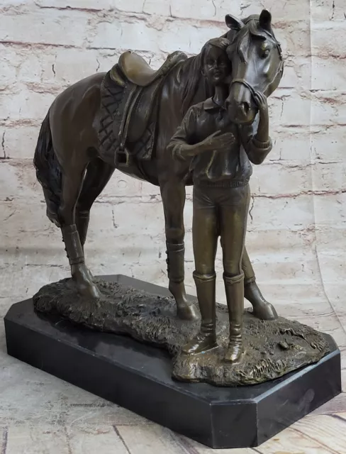 Grande Femenino Jockey Con Carreras Caballo Bronce Escultura Trofeo Estatua Obra 3