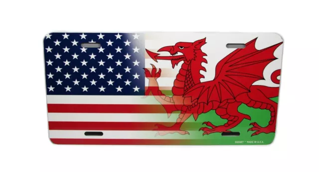 Welsh, Wales Flag American Flag Metal Car License Plate Autotag. Welsh Dragon