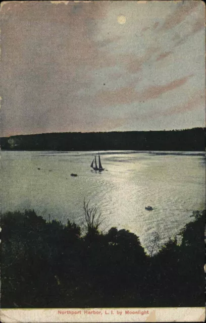 Northport Harbor Long Island New York NY Sailboat Moonlight c1910 Postcard