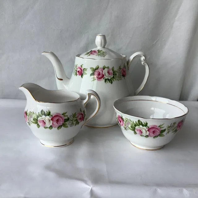Vintage China Tea Set - Colclough Roses - Teapot,  Milk Jug & Sugar Bowl
