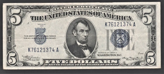 VERY CHOICE CRISP 1934-A Five Dollar Bill Silver Certificate Blue Seal Note