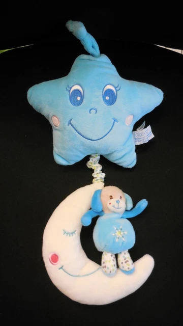 doudou peluche musical chien bleu ciel turquoise sur lune étoile GIPSY