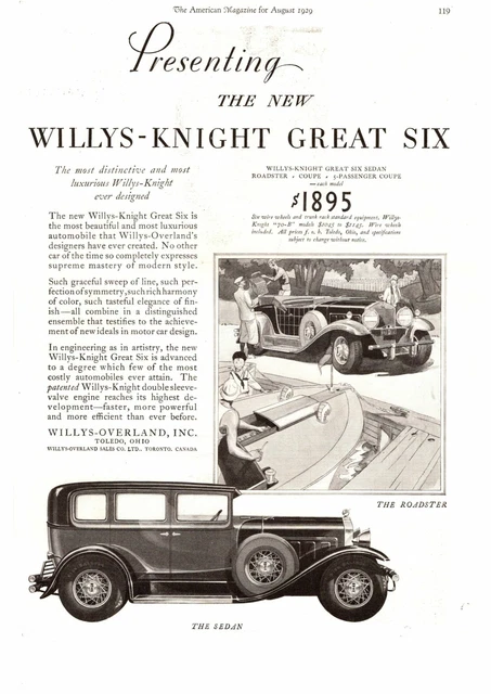 1929 Willys Knight Great Six Roadster $1895 Willys-Overland Toledo Ohio Print Ad