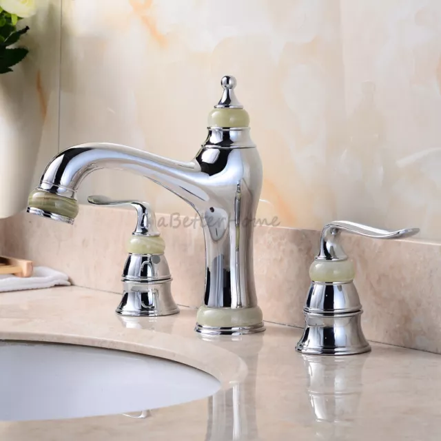 European Brass 3 Hole Wash Basin Faucet Gold Jade Double Handles Sink Mixer Tap