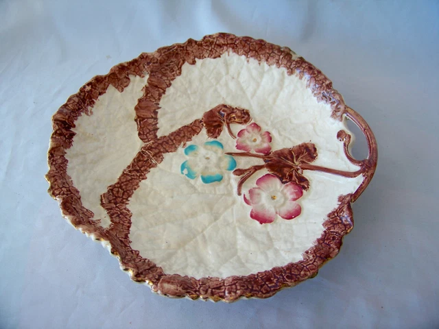 Antique Large Handled Majolica Pottery Plate w Flower & Leaf Shape
