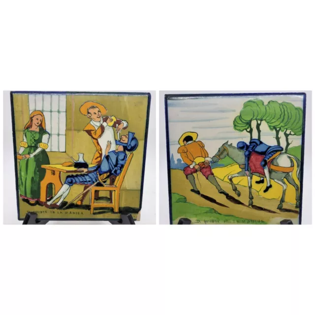 Vtg Don Quixote De Lamancha Hand Painted Tile Spain set of 2