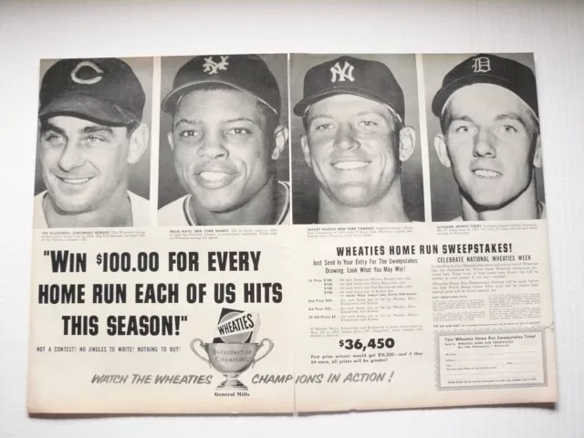 1956 Wheaties Home Run Sweepstakes Mickey Mantle Willie Mays Al Kaline 2-page Ad