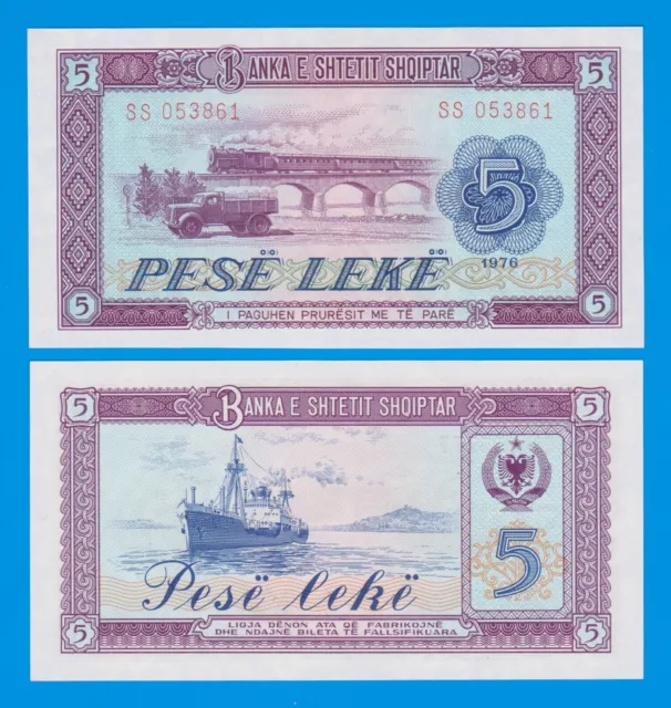 Albania 5 Leke P 42 1976 UNC Bridge, Train, Ship, Truck