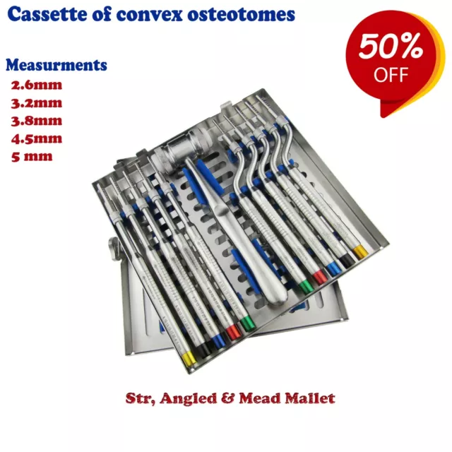 Kit Of Surgical Osteotomes Convex Tip, Offset Angled And Straight + Mead Mallets