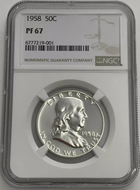 1958 NGC PF67 PROOF BEN FRANKLIN HALF DOLLAR 50c 90% SILVER WHITE COIN WHITE LBL