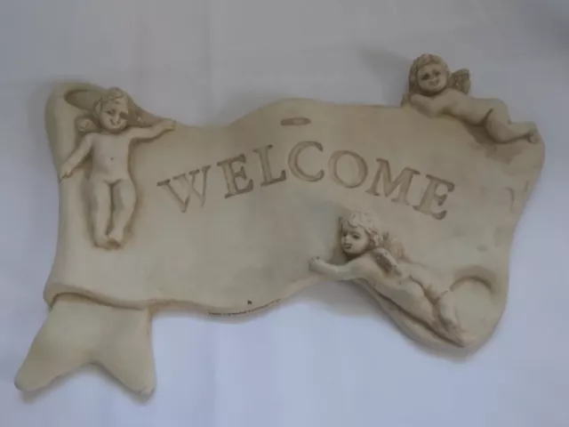 Hen-Feathers  3 Cherubs "Welcome" plaque Hanging wall decor Hand cast 13"L x 8"H