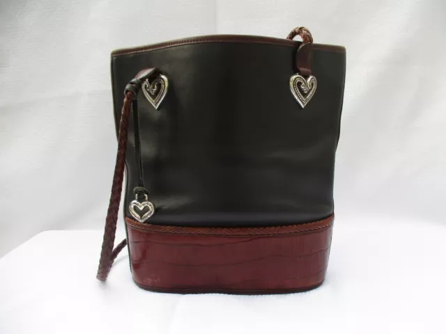VTG Brighton Embossed Brown Leather Croc Shoulder Bucket Handbag Tote Purse Bag