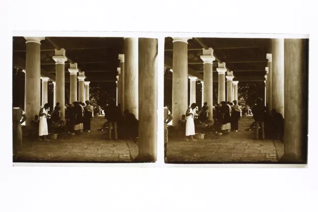 Corse La halle d'Ile-Rousse France Photo Stereo Plaque de verre Vintage