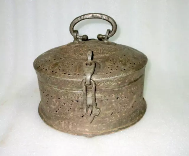 Antique 1800's Old Copper Hand Rare Mughal Islamic Carved Betel Nut Pandan Box