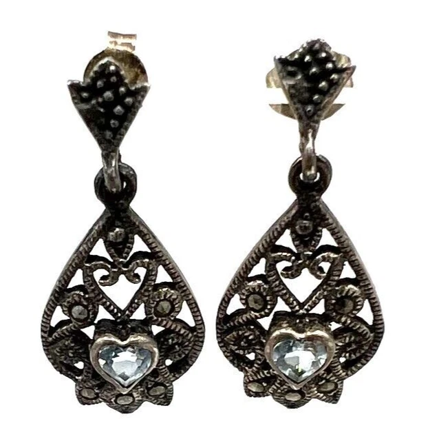 Vintage Charles Winston CW Silver Marcasite Dangle Earrings Blue Heart Shape