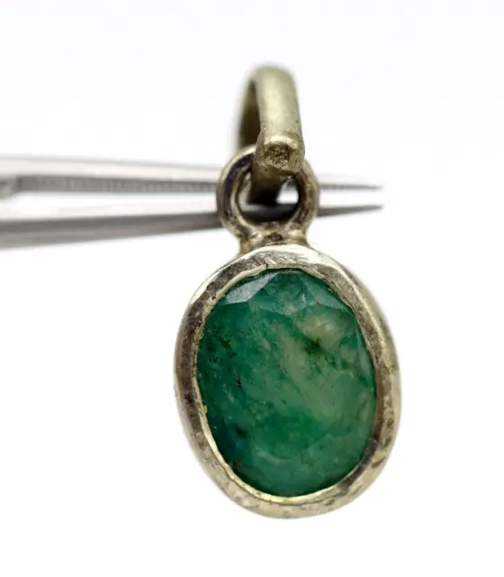 Tiny Size Green Emerald Lab Created Gemstone Sterling Silver Old Pendant 2.08 G