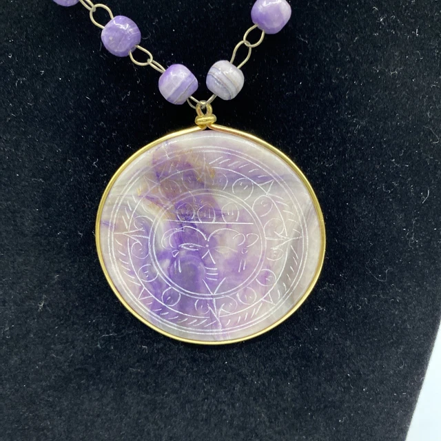 Vintage Mexican Aztec pendant necklace, Carved Onyx purple...