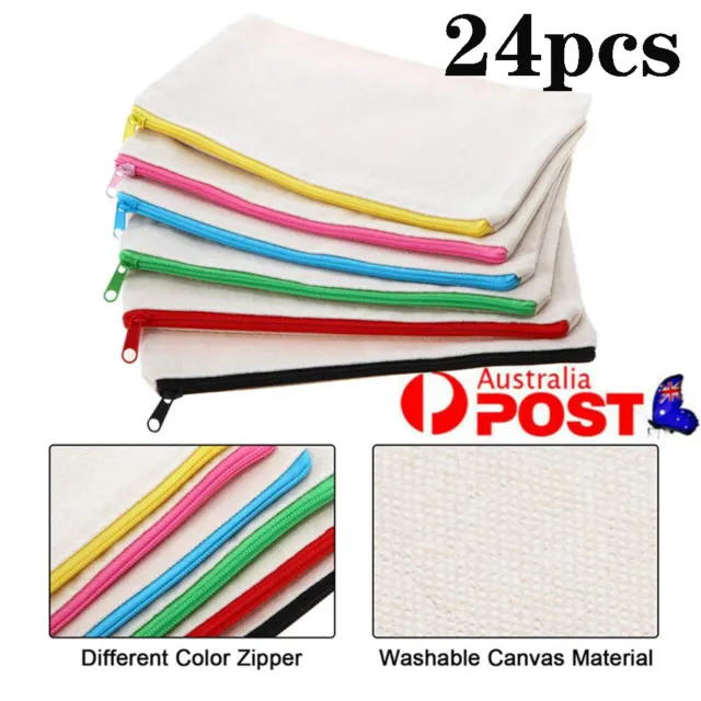 24 pcs Canvas Pen Pencil Case Coin Pouch Blank DIY Make Up Zipper Bags Pockets