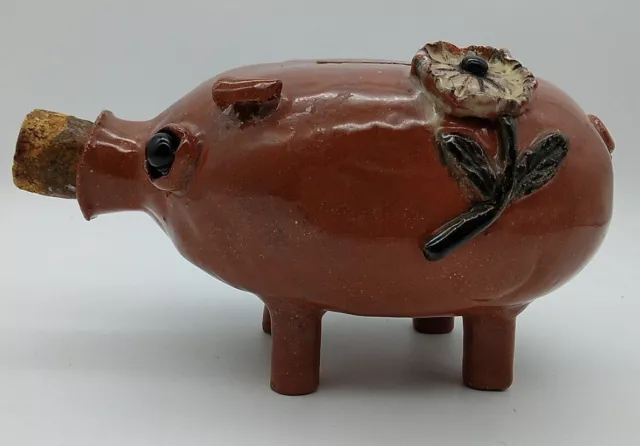 Rare Vtg Folk Art Pottery Corky Handmade Pig Coin Bank 8 1/2" Long OOAK w/Flower