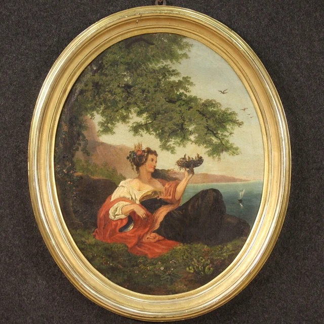 Pintura ovalada antigua alegoria de la primavera oleo sobre lienzo siglo XIX