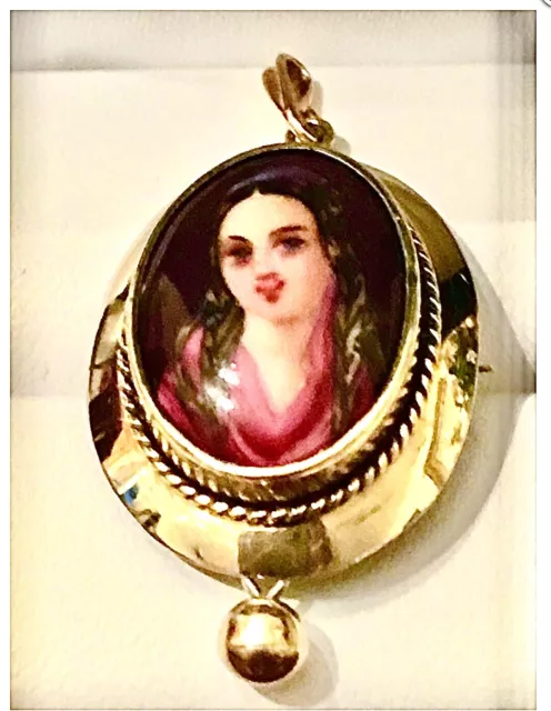 Antique Victorian Cameo Pendant Portrait 9k Gold Hand Painted Porcelain Brooch