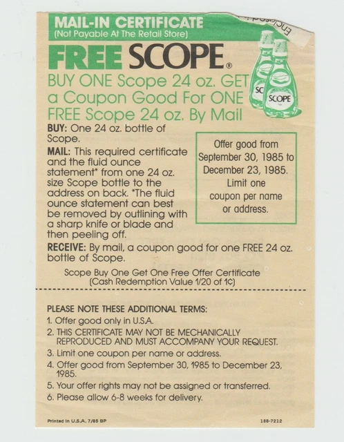 Scope Mouthwash BOGO Print Ad 1985 Buy Get One Free Mail In Certificate Vintage
