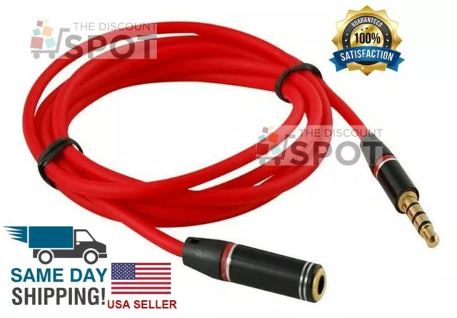 3.5mm 1/8" 4-Pole AUX Extension Cable Stereo Audio Headphone Male Female 4FT Red
