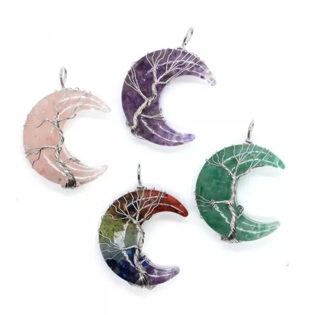 Natural Chakra Healing Crystal Necklace Tree of Life Crescent Moon Stone Pendant 2
