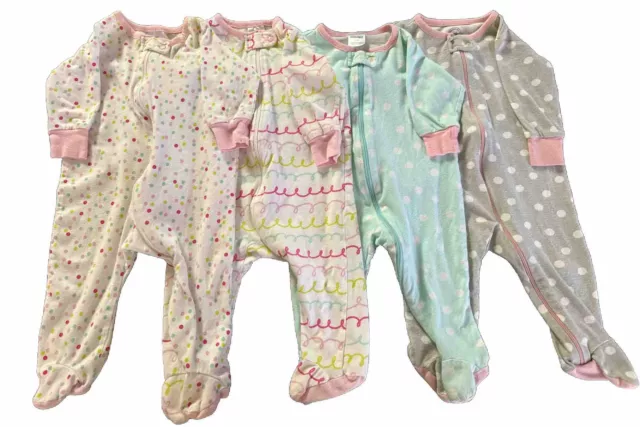 Baby Girl 3-6 Months Footed Sleeper Pajama PJ Lot Of 4 Pink Blue Polka Dot