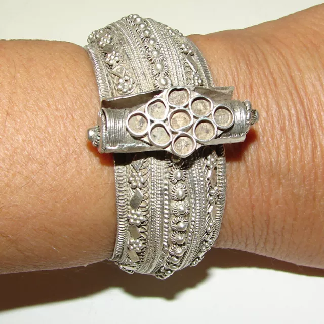 Antique Yemen Silver Bangle Bracelet Tribal Ethnic Cuff Filigree Boho Jewelry 3