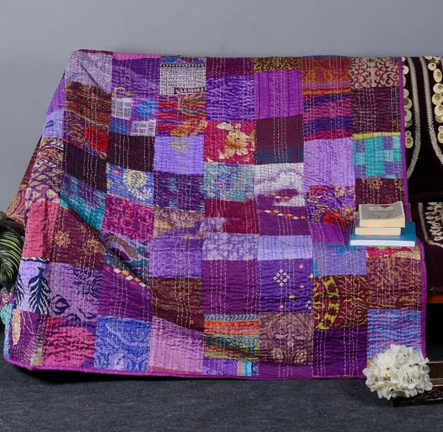 Viola Colore Cotone Kantha Trapunta Handmade Copriletto Indiano Blocco Design