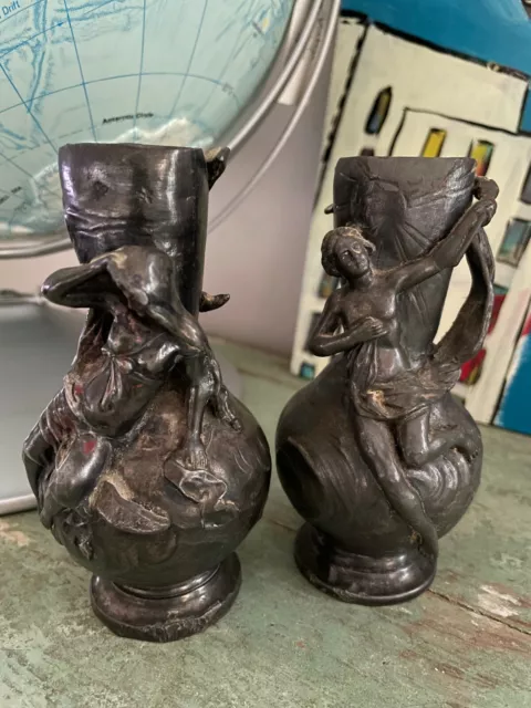 Pair of Antique Art Deco Metal Iron Candlesticks Nude Bust 5" Greek Roman