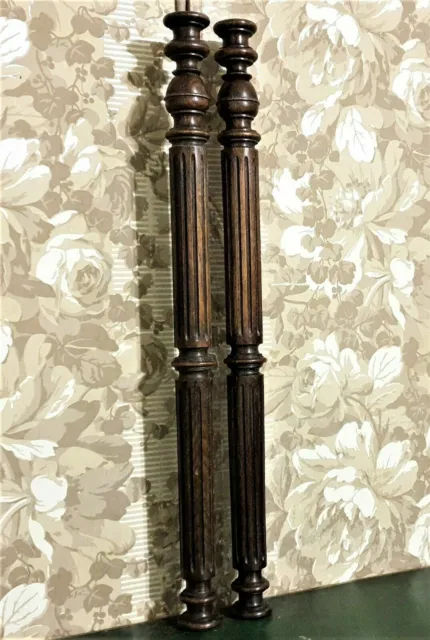 Pair wall groove wood turned column 27" - Antique french architectural salvage .