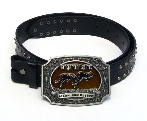 Kangaroo Australian Wildlife Belt Buckle & Solid Black Studded Leather Belt