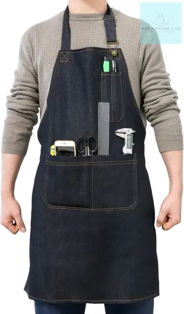 QWORK Heavy Duty Denim Work Apron with Pockets, Adjustable Jean Tool Apron for -