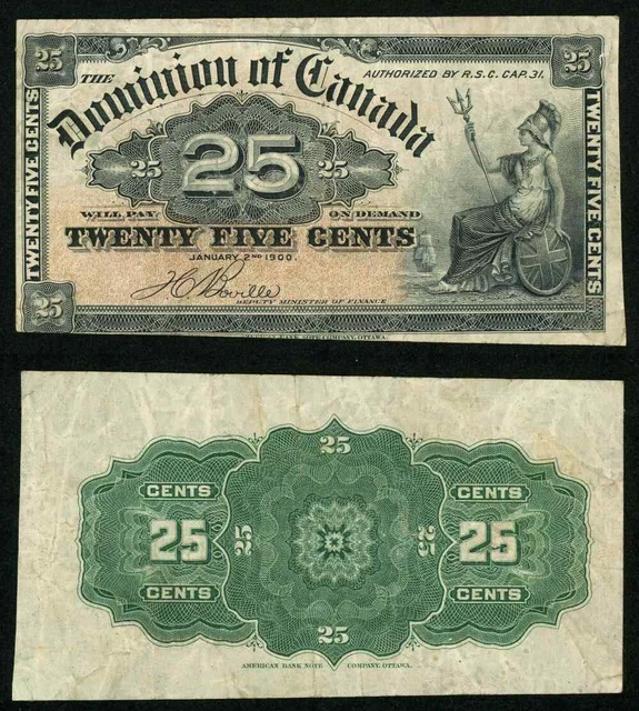 1900 Dominion of Canada Currency Twenty Five Cents Banknote Pick# 9b, VF