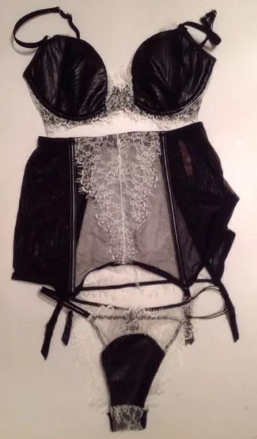 VICTORIAS SECRET SEXY Faux Leather Bra Panty Garter Stocking Set Black 32D  NWT £113.80 - PicClick UK
