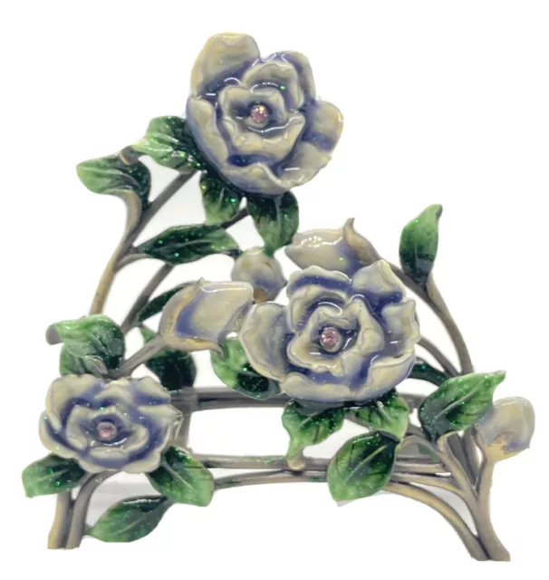 4.25” High BRASS ENAMEL ROSE DESIGN LETTER MAIL NAPKIN HOLDER WITH RHINESTONES