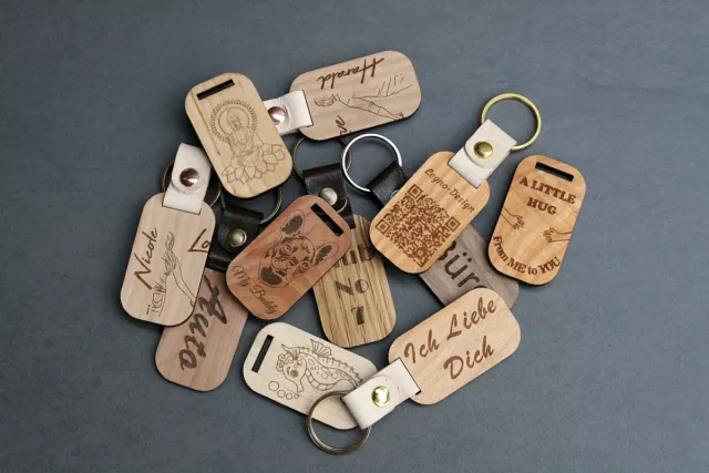 Schlüsselanhänger mit Gravur Echtholz Leder Personalisiert Holz Geschenk